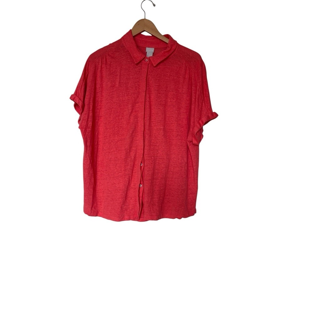 Chico's Button Down Shirt Womens 3 XL Coral Linen Blend Short Sleeve Slub Knit